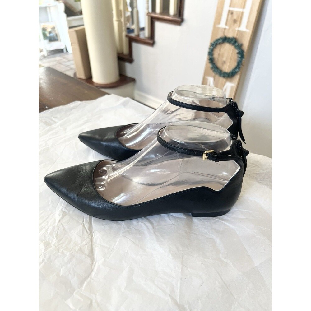 Cole Haan Black Pointed Leather Ankle Strap Flats - Picture 2 of 8